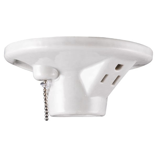 UltraPro Porcelain Light Socket with Outlet and Pull Chain Light Fixture, Light Bulb Socket, Medium Base, Grounded Plug, Indoor Lighting, Mount on 3-1/4” or 4” Box, UL Listed, White, 18305,1-Pack