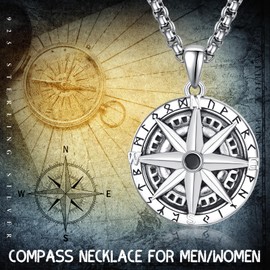 KINGWHYTE Compass Necklace S925 Sterling Silver Viking Rune Compass Pendant Nordic Pagan Jewelry Gifts for Men With Stainless Steel Chain-22+2inch(Oxidation)