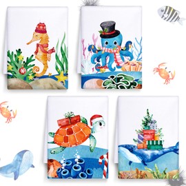 Peryiter 4 Pcs Christmas Beach Hand Towels Xmas Ocean Theme Bath Towels Kitchen Dish Towels Dolphin Sea Turtle Beach Octopus Crab Soft Dish Towels for Winter Housewarming Holiday Decoration Gift