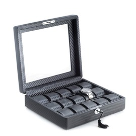 Bey-Berk BB595BLK Black Leatherette Woven Design 15 Case with Glass Top, Adjustable Pillows for Large and Slim Wrist Watches and Locking Clasp