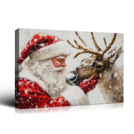 Christmas Canvas Murals Horse Drawn Sleds Santa Claus Christmas Trees Rural Style Home Decor Hanging Paintings Decorationscolor: Brown, size: 24*16in