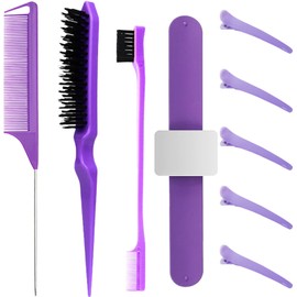 9pcs Styling Hair Brush Set, Smooth Back Hair Brush with Edge Brush, Ponytail Brush with Hair Clip, Back Comb Brush,Magnetic Slap Bracelet, for Hairdressers, Women, Babies, and Children (Purple)