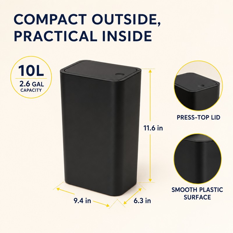 10L Slim Bathroom Trash Can with Press Top Lid, Black