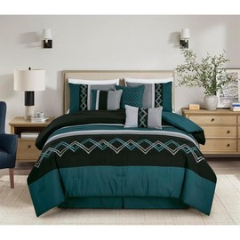 Modern Striped Design 7 Piece Intricate Chevron Embroidery Pattern Luxury Comforter Sets King Size | All Seasons Aesthetic Bedding Teal Black Gray Soft Plush Master Guestroom Cohesive Style