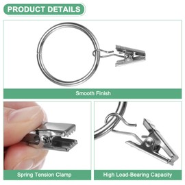 M METERXITY 40-Pack Silver Curtain Rings with Clips, Rustproof Metal Curtain Hooks with Clips, 32 mm Interior Diameter