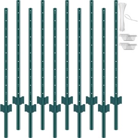 VEVOR 4 Feet Fence Post, 10 Pack U-Channel Metal Fence Posts with 20 Zip Ties & 20 Clips, Sturdy Steel Fence Stakes for Garden Yard, Lawn, Farms and Outdoor Wire Fencing, Green