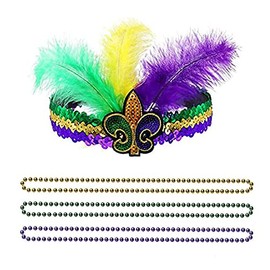LKQBBSZ Mardi Gras Costume Accessory Set, Faux Feather Headpiece,Mardi Gras Beads for Women and Girls