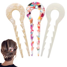 3 PCS French Hair Forks, U Shaped Hair pin Hair Forks Acetate Long 5.3Inch, 2 Prong Bun Pins, Chignon Pins Hair Stick for Women Thin Thick Hair