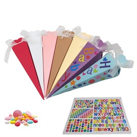 Pack of 32 Foldable Sugar Bags, DIY Foldable School Cone, Sugar Cone for Filling, Small Sugar Bag, with Stickers and Ribbons, Suitable for Schools and Gatherings, Gifts for Boys and Girls