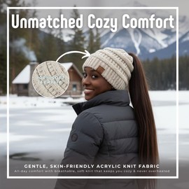 Funky Junque Ponytail Beanie for Women – Ponyback Winter Hat with Soft Stretch Cable Knit, High Pony Messy Bun Hats for Running - 2 Pack - Black & Confetti Oatmeal