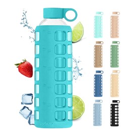 purifyou 40/32/22/12 oz Borosilicate Glass Water Bottles with Volume Markers, Silicone Sleeve, Stainless Steel Lid, Reusable Bottle for Water, Juice, Gym, and Fridge Storage (32oz Aqua Blue)