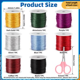 Glarks 9Pcs 8 Rolls 50M/55Yards Metallic Cord String Set, 8 Colors Non Stretch Thread Metallic Cord with 1pcs Pink Scissors String Metallic Cord for Jewelry Making