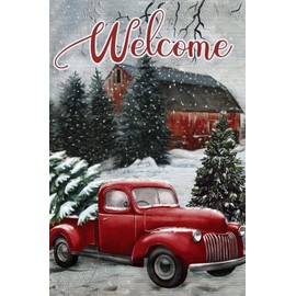 Texupday Welcome Red Truck Snowing Winter Christmas Tree Decoration Vertical Winter Garden Flag Holiday Farmhouse Party Outdoor Yard Banner 12" x 18"