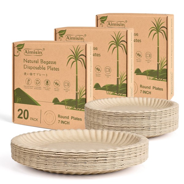 Aimisin Disposable Bagasse Plates Biodegradable Natural Sugarcane Plates Heavy-Duty Compostable Plate for Parties BBQs Camping Wedding and Everyday Use (Round Plates 7'' - 60 pack)