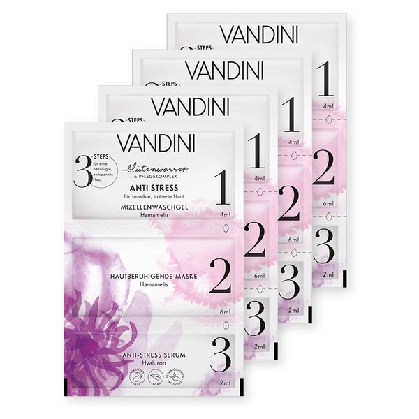 VANDINI Soothing Face Mask with 3 Steps, Anti-Stress Moisturising Mask for All Skin Types, Vegan Face Mask without Silicones, Parabens and Mineral Oil, Pack of 4 (4 x 12 ml)