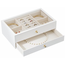 Messmenos Jewelry Box with Glass Lid, Acrylic Jewelry Organizer for Women Girls, 2 Layers Jewelry Chest Storage Case for Earring, Ring, Necklace, Bracelets - White