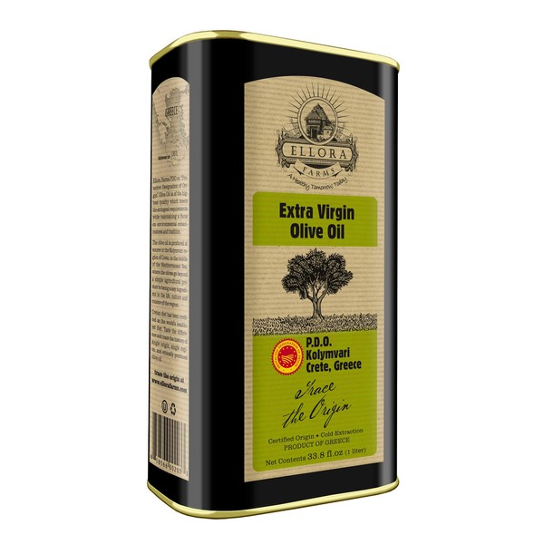 Ellora Farms, Certified PDO Extra Virgin Olive Oil, Single Estate, Single Origin, Single Variety, Cold Press & Traceable Olive Oil, Born in Crete, Greece, Kosher, 1 Lt Tin (33.8 oz.)