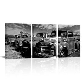 Black and White Car Wall Art Farmhouse Retro Car Picture Prints Wall Decor for Living Room Bedroom Farmhouse Decoration 12‘’x16''x3 Inch