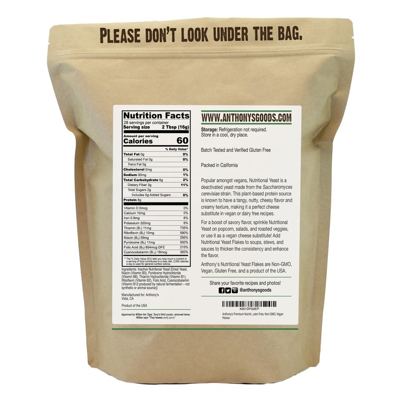 Anthony's Premium Nutritional Yeast Flakes, 1 lb, Fortified, Gluten Free,