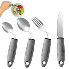 BaseSmall - 2.5 oz Adaptive Utensils (4-Piece Kitchen Set) - 42° Angled Adaptive Cutlery for Parkinsons Patients, Hand Tremors, Arthritis and Elderly - Eating Silverware for Elderly (Right Handed)