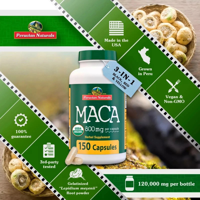 Organic Black Red Yellow Maca Root Capsules 150 Pills for