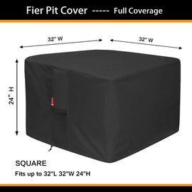 SheeChung Gas Fire Pit Cover Square-Premium Patio Outdoor Cover Heavy Duty Fabric with PVC Coating,100% Waterproof,Anti-Crack,Fits for 29”,30",31",32" Fire Pit/Table Cover (32”L x 32”W x 24”H,Black)