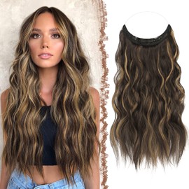 FESHFEN Secrets Hair Extensions Lange Gewellt Haarverlängerung Invisible Secret Haarextension Synthetik Haare Unsichtbarem Haarteile für Frauen Schokoladenbraun hervorgehoben Karamellblond 40 cm