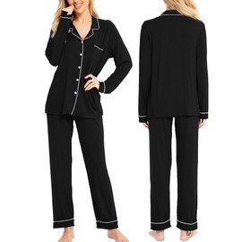 SWOMOG Pyjamas Womens Long Sleeve Pajama Sets,Ladies Pyjamas Set Comfy V-Neck Nightwear Pjs Set Soft Sleepwear with Pockets Drawstring Black