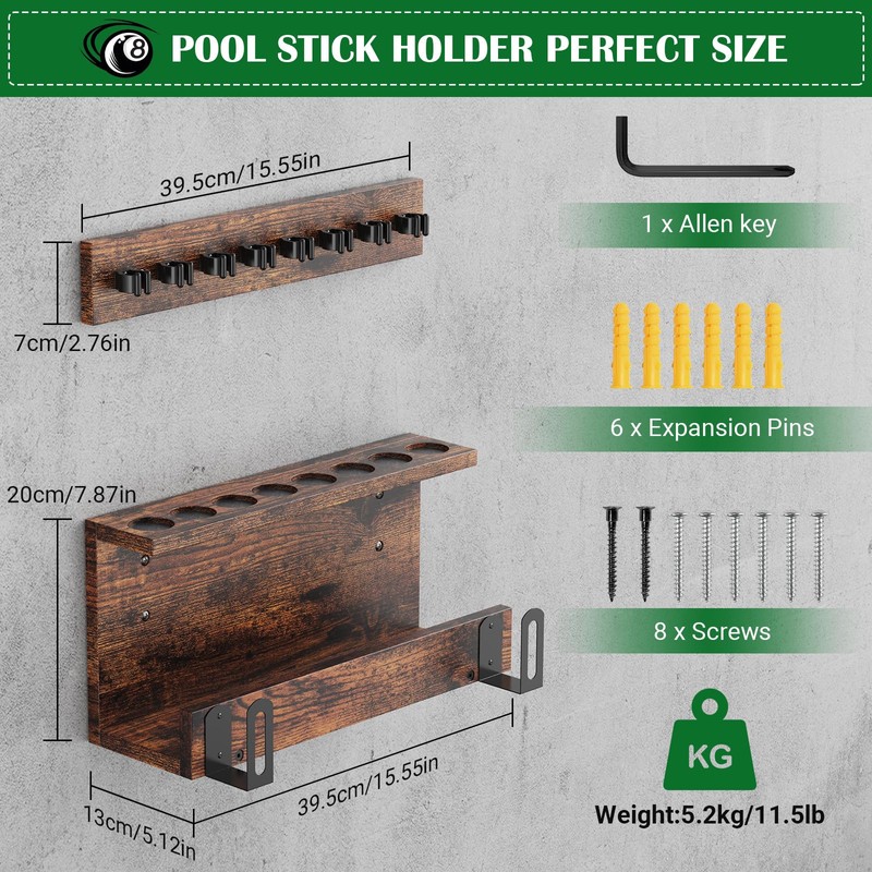 WHEARTED Wall Mount Pool Stick Holder, Billiards Pool Cue Rack
