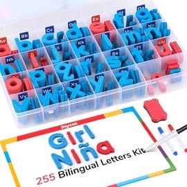 JoyCat Bilingual Magnetic Letters Kit 255 Pcs – Spanish & English Foam Alphabet Set with Double-Side Magnet Board, ABC Learning for Kids Spelling, Phonics & Language Practice