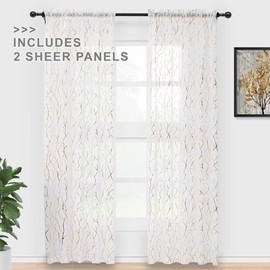 FINECITY Gold White Sheer Curtains 63-inch Length 2 Panels Metallic Gold Foil Branches Sheer Curtains for Bedroom Rod Pocket Privacy Sheer Window Curtains, 52 x 63 Inch