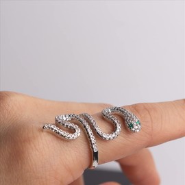 Jean Beau Silver Snake Heart Open Adjustable Rhinestone Rings for Women Vintage Black Wrap Draco Punk Animal sterling silver gothic Statement Stacking Green Eye Serpent Finger Ring Costume Jewelry