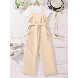 Hilinker Girl's Overalls 2 Piece Outfits Short Sleeve Top and Cargo Jumpsuit Set with Pockets White Apricot 7-8Y