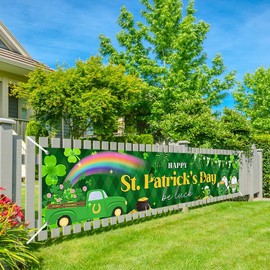 Printspree St. Patrick's Day Banner - 98 x 19 Inches Large Holiday Porch Decoration with Shamrocks, Rainbow & Gnome Design for Party, Outdoor, and Home Celebration