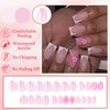 24Pcs Pink Flowers Press on Nails, Short Square French White