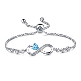Infinity Charm Bracelet for Women, 925 Sterling Silver Birthstone Heart Bracelet For Birthday, Anniversary, Valentine's Day Ideal Gift for Girlfriend, Wife, Mom, or Her (Mar)