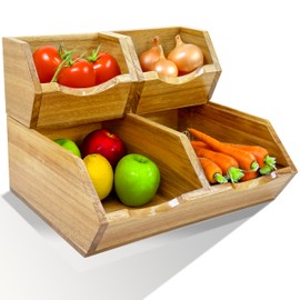 Acacia Wood Pantry Storage Bins, Wooden Stackable Baskets, Fruit Basket for Pantry Organization - Fruit Bowl for Kitchen Counter, Potato and Onion Storage, Fruit and Vegetable Storage (Acacia)
