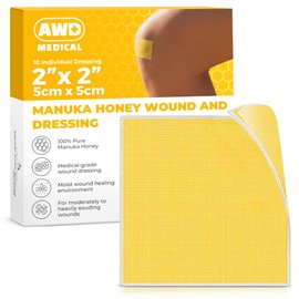 AWD Manuka Honey Gauze Dressing - 100% Impregnated Medical Grade Honey Patches - Medical Supplies, Wound Care, and First Aid - Gauze Pads 10 Count (2"x2")