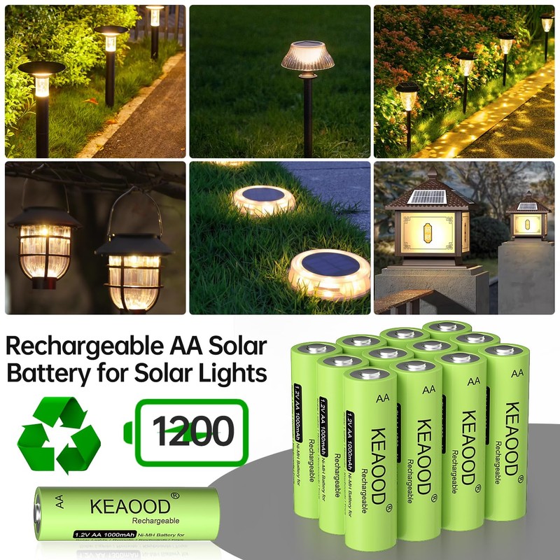 KEAOOD Ni-MH Rechargeable AA Solar Batteries 1.2v Pre-Charged 1000mAh Double