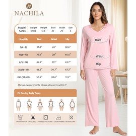 NACHILA Women's Pajamas-Viscose Made from Bamboo, Long Sleeve Pjs Sets V Neck Sleepwear Comfy Pants Pajamas Set Black Small