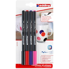 edding edding 4200 Porzellanpinselstift - bunte Farben - 4 Stifte - Pinselspitze 1-4 mm - Filzstift zum Beschriften, Dekorieren von Keramik Porzellan - spülmaschinenfest lichtechte Tinte, schnell trocknend