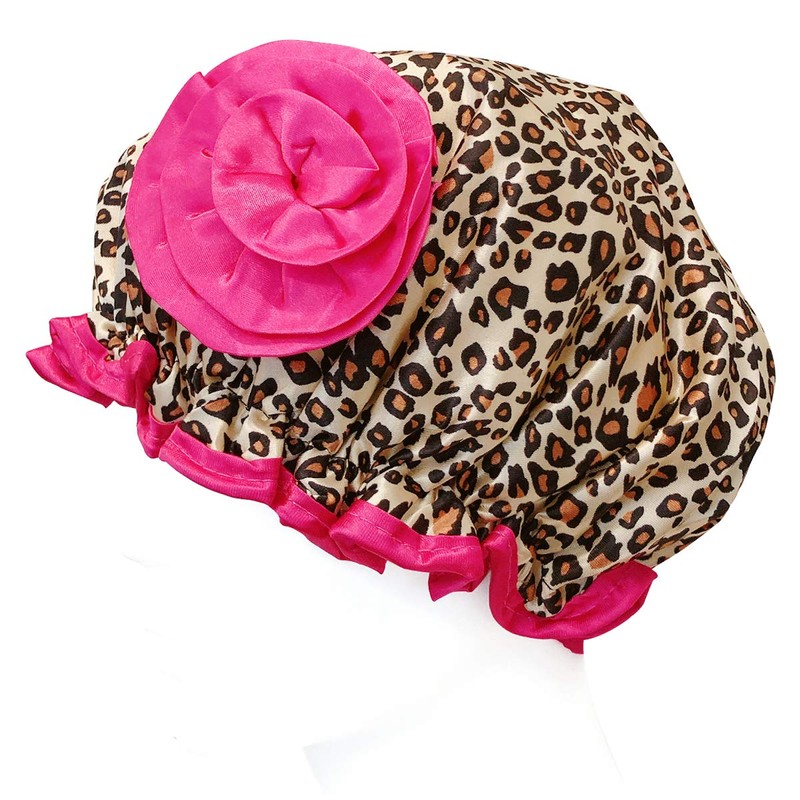 Bowbear Women's Stylish & Fun Satin Shower Caps, Leopard Pink