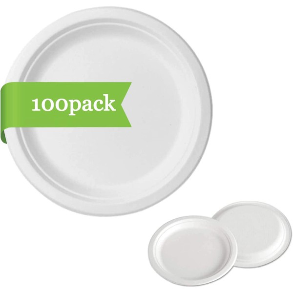 Atojrro Disposable Paper Plates, Heavy-Duty Disposable Plates Compostable Paper Plates [100 Pcs] Natural Disposable Bagasse Plates White Disposable Dessert Tray Biodegradable Dinner Plates 6 Inch