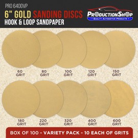 ProductionShop Premium 6" Gold Sanding Discs, 100 Disc Variety Pack, Grits 60, 80, 100, 120, 150, 180, 220, 320, 400, 600 - Hook & Loop Sandpaper, DA, Random Orbital Sander - Sand Auto Paint, Wood