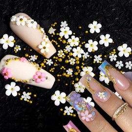 200Pcs Flowers Nail Charms 3D Resin White Flower Charms for Acrylic Nails Gold Pearl Nail Gems White Acrylic Flower Spring Summer Floral Nail Supplies Nails Rhinestones Decorations for Women Nail DIY