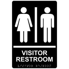 ComplianceSigns.com Visitor Restroom Sign, ADA-Compliant Braille and Raised Letters, 9x6 in. White on Black Acrylic with Adhesive Mounting Strips