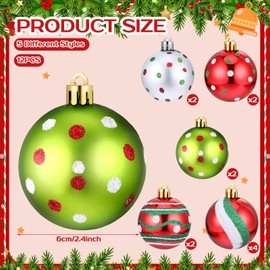 Beeveer 12 Pcs 2.4 Inch Christmas Ball Ornaments for Tree Glittering Elf Balls Swirl Candy Cane Peppermint Ornaments Plastic Red Green Christmas Ball Pendants Baubles for Xmas Party Decorations