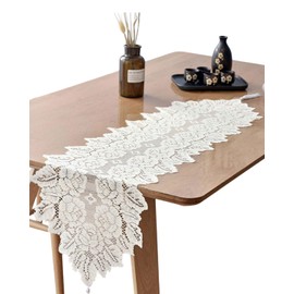 WUNZILO Table Runner, Tablecloth with White Flowers, Hollow Table Runner, Table Decoration, Vintage Table Runner for Wedding, Festival, Home Decoration, Table Decoration, 33 x 114 cm, White