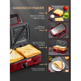 FOHERE Waffle Maker 3 in 1 Sandwich Maker 1200W Panini Press With Removable Plates and 5-gear Temperature Control, Non-stick Coating Easy to Clean,Indicator Lights, Red