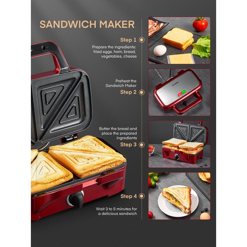 FOHERE Waffle Maker 3 in 1 Sandwich Maker 1200W Panini